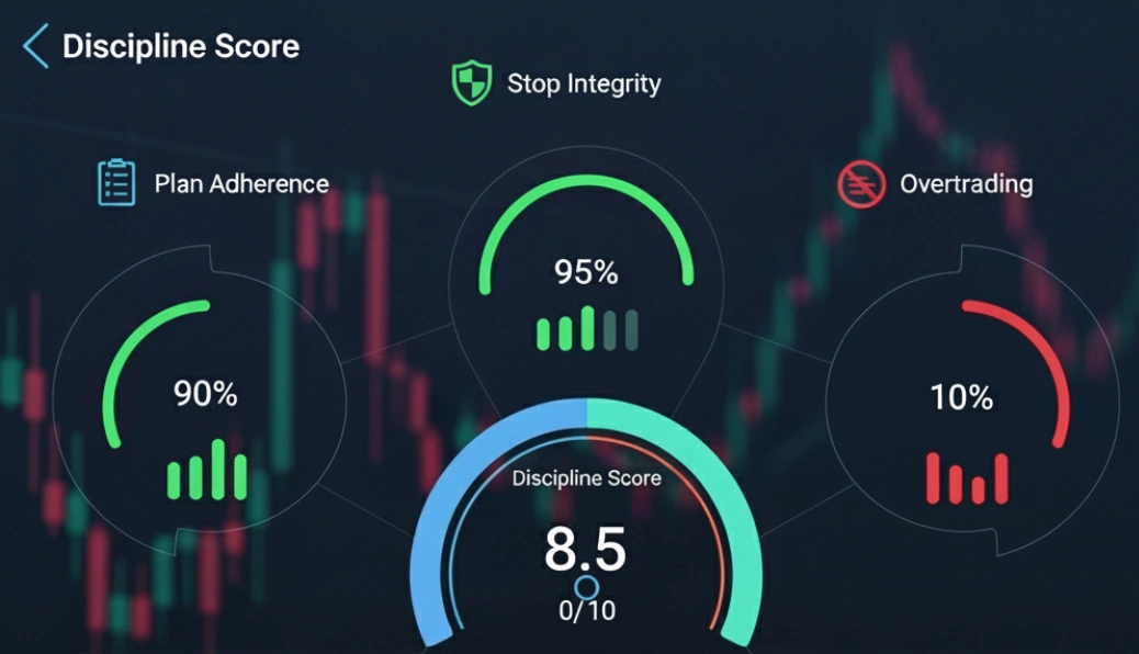 Discipline Score interface with journal excerpt